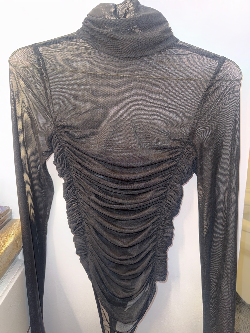 Sheer Black Ruched Turtleneck Long Sleeve body suit